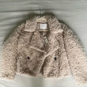 By Anthropologie Women's Faux Fur Cream Double Breasted Jacket